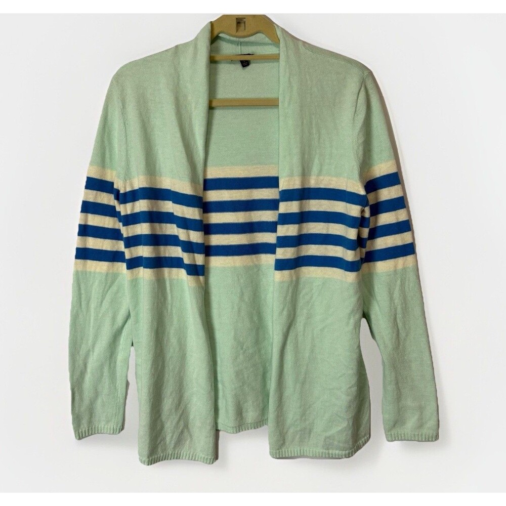 TALBOTS Cardigan Sweater Blue Green White Mint Striped Open Front Small Soft